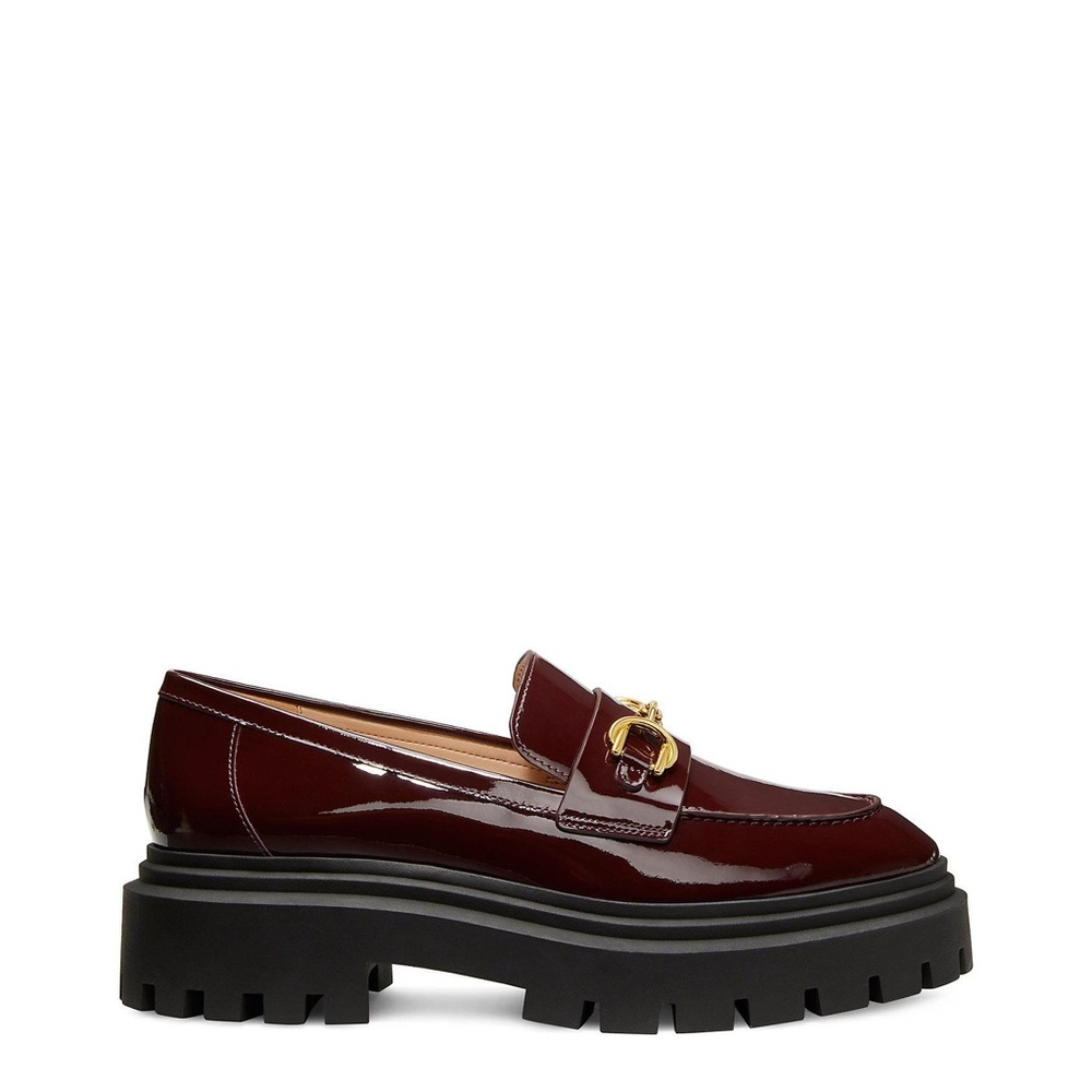 Stuart Weitzman lug sole Loafers in oxblood with Gold Buckle